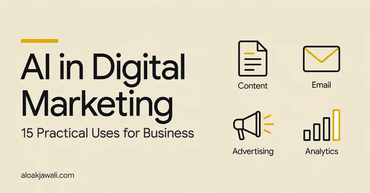 AI in digital marketing illustrated with icons for content creation, email campaigns, advertising, and analytics.